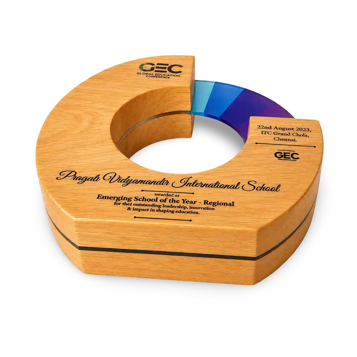 Wooden award with engraved text on a white background