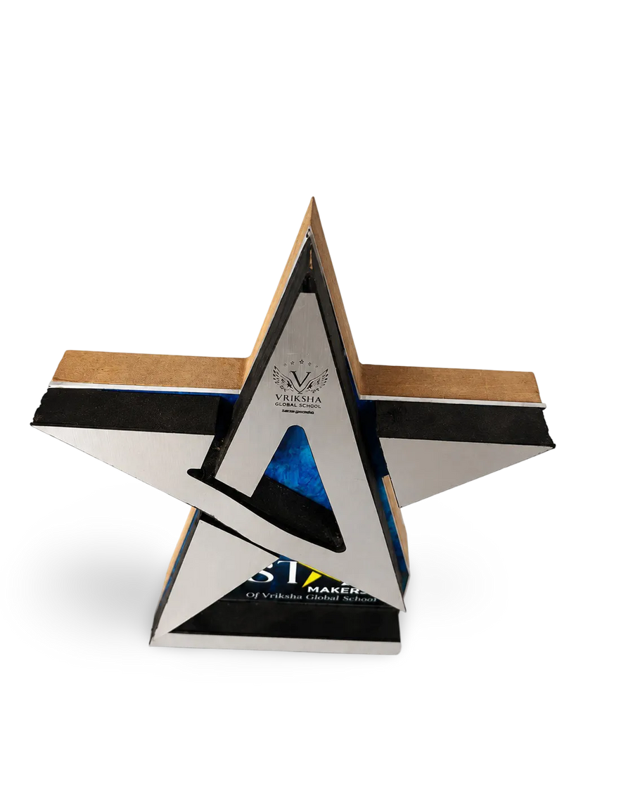Personalised star trophy shown from an angled view