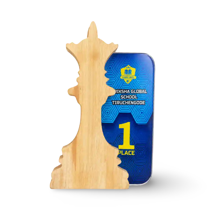 A wooden school trophy shaped like Queen chess trophy 