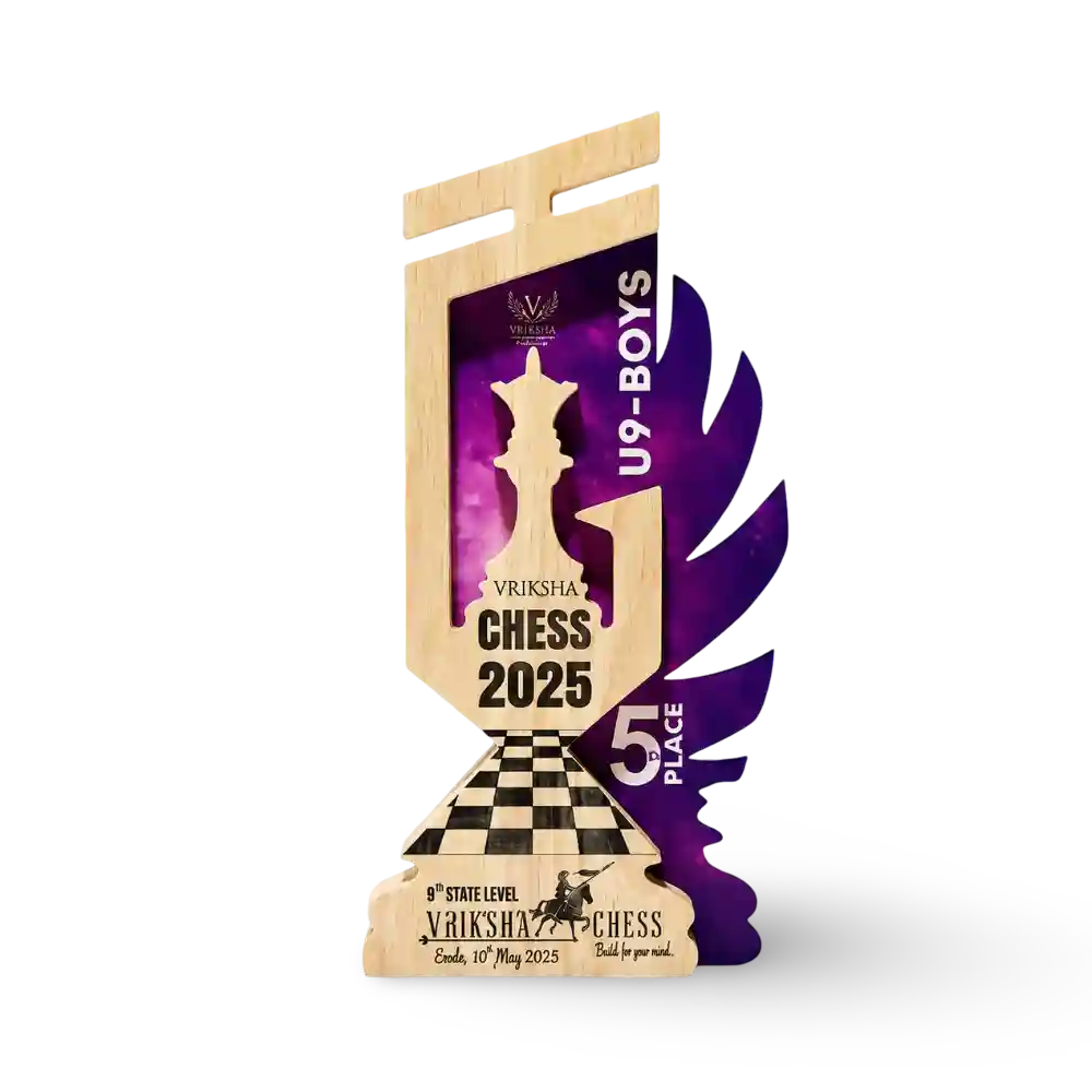 Wooden queen chess trophy with personalised award details, front view