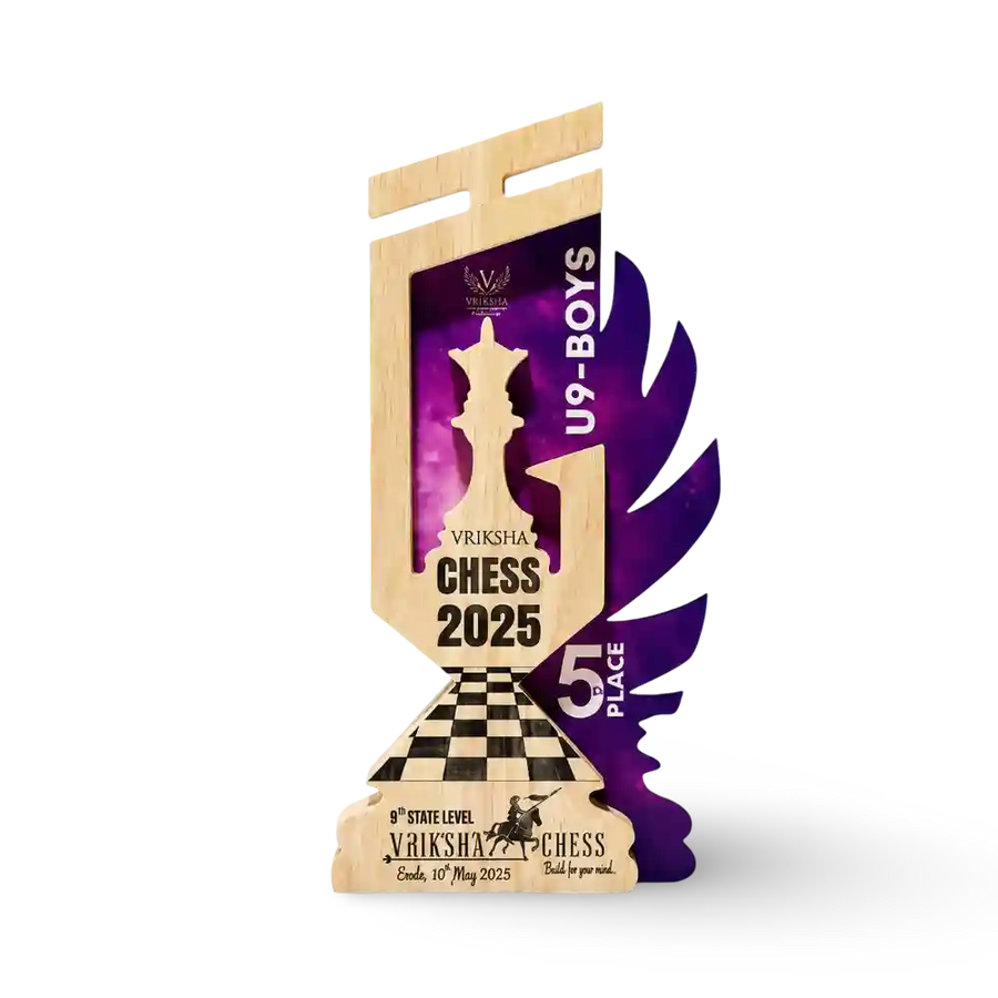 Wooden queen chess trophy with personalised award details, front view