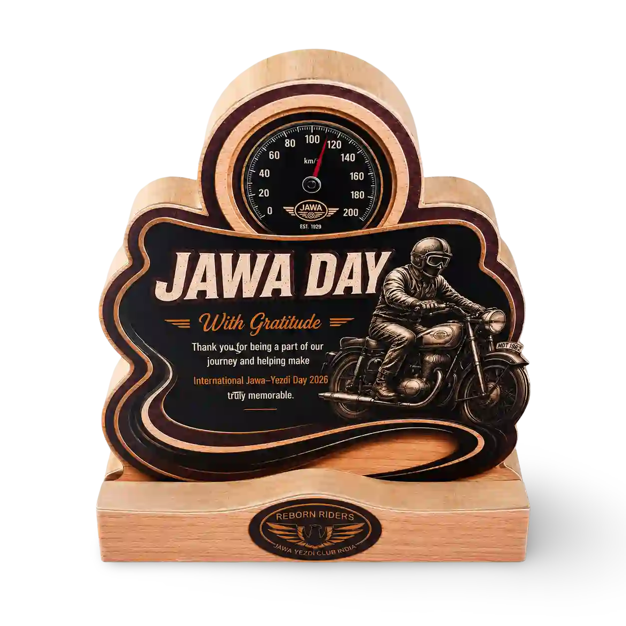 Reborn Riders engraved motorsport trophy in rubber wood
