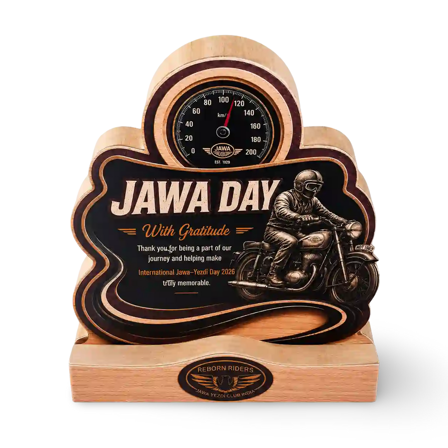 Reborn Riders engraved motorsport trophy in rubber wood