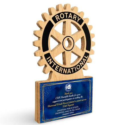Rotary Club Wooden Gear Trophy – Laser-Cut Rubber Wood