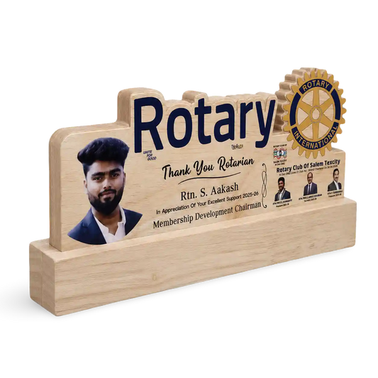 Rotary Club wooden memento laser engraved Rotary text gear logo custom India