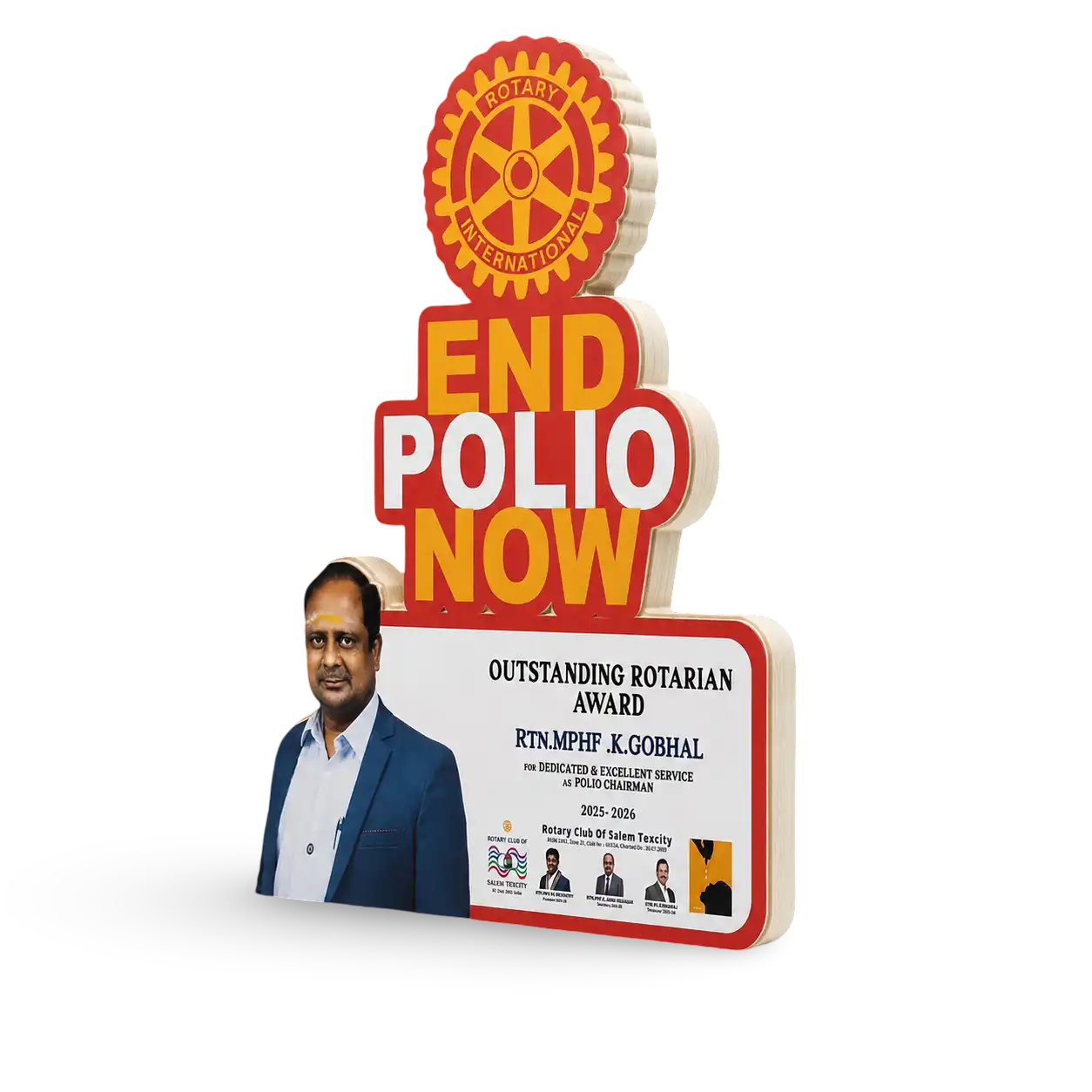 Photo acrylic memento trophy Rotary club award wooden base UV print India