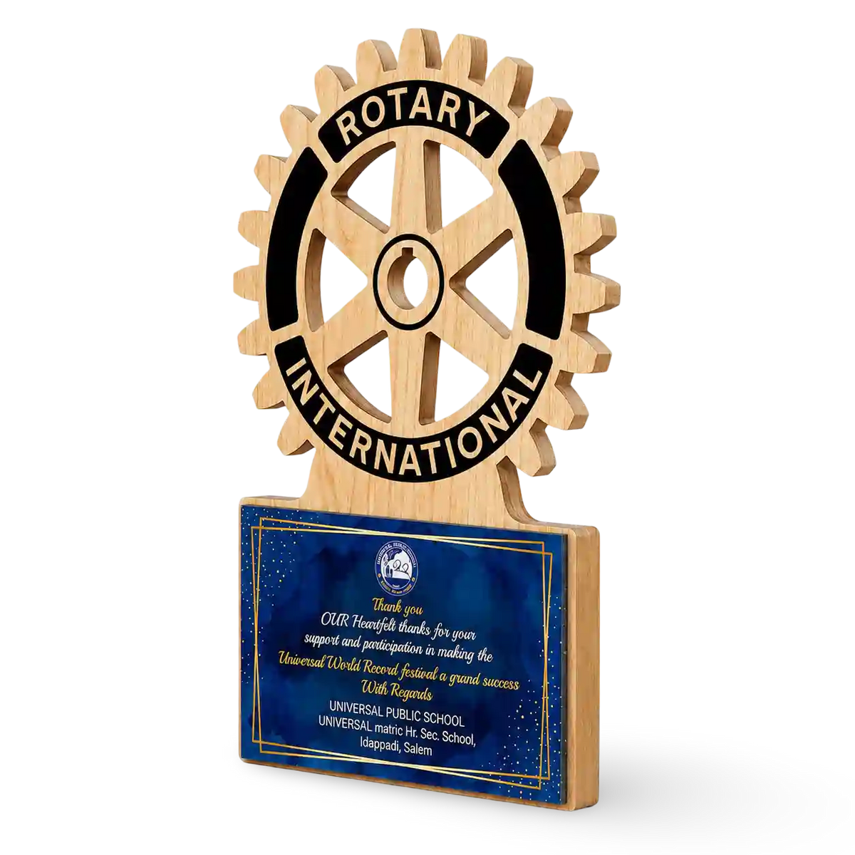 Custom Rotary Award Trophy – Rubber Wood Acrylic Rotary Wheel Design