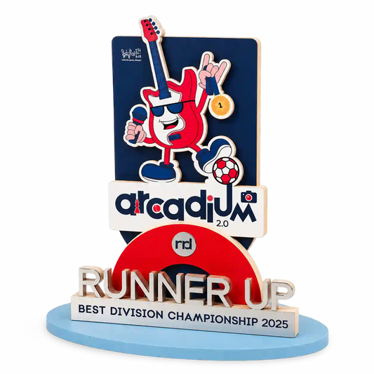 Personalised multi-layer recognition award with event artwork and display base