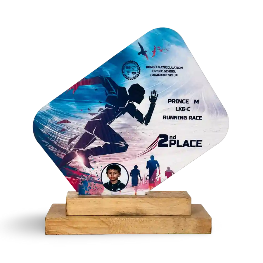 Second-place running-race trophy with athlete silhouette