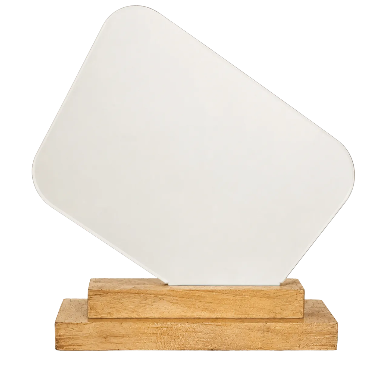 White lampshade-shaped display object on a wooden base