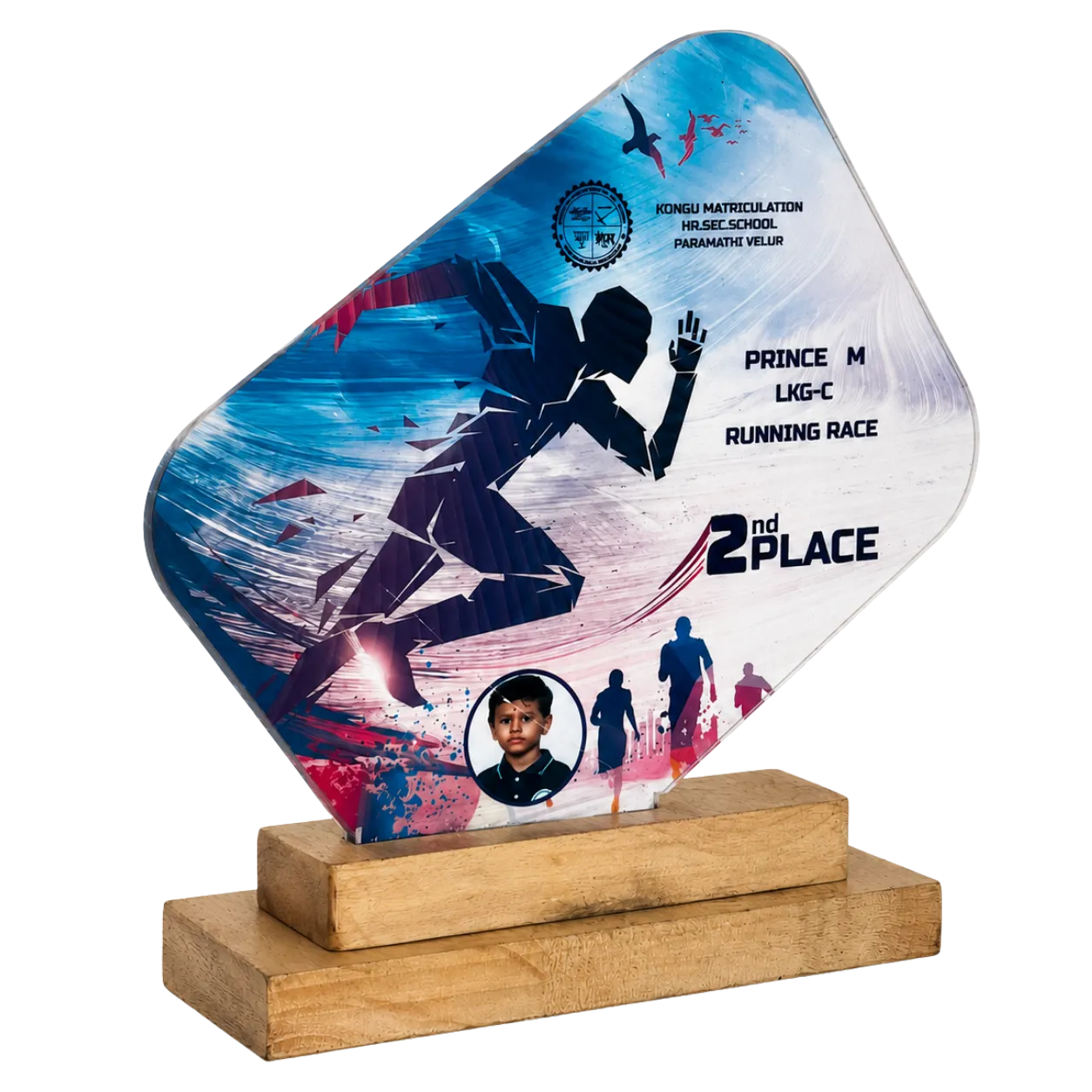 Running-themed athletics trophy on a white background