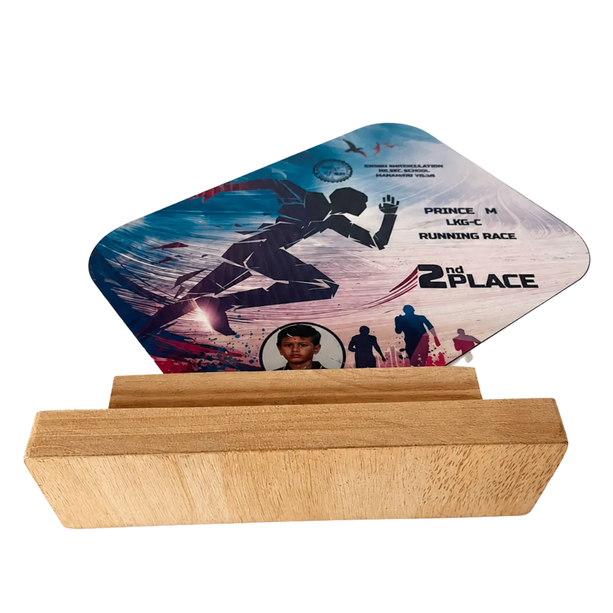 Running-themed decorative plaque on a wooden stand