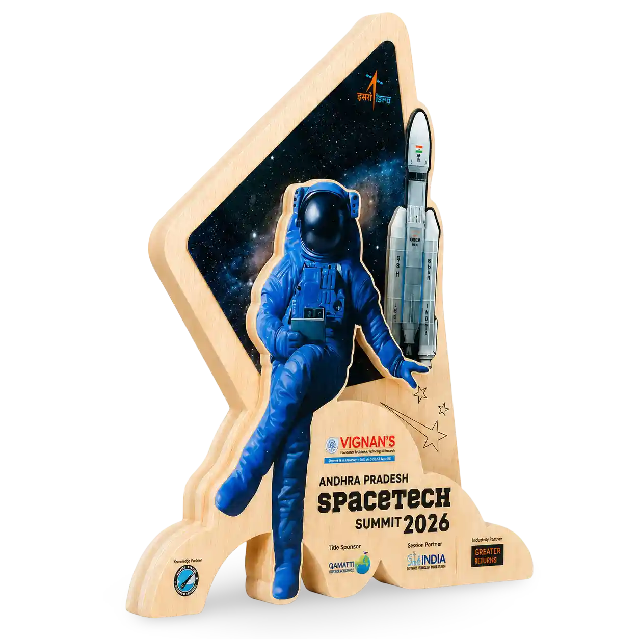 Decorative item with an astronaut figure, space-themed background, and text about Andhra Pradesh Spacetech Summit 2026.