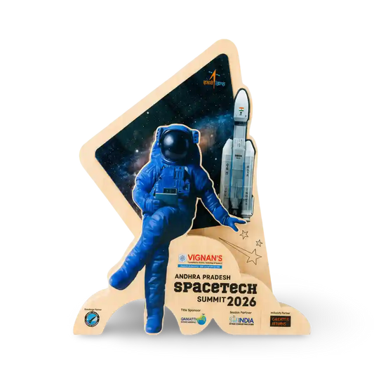 Promotional standee for Andhra Pradesh Spacetech Summit 2026 featuring an astronaut and rocket.