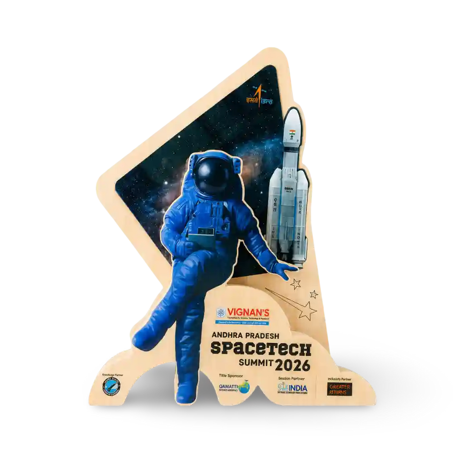 Promotional standee for Andhra Pradesh Spacetech Summit 2026 featuring an astronaut and rocket.