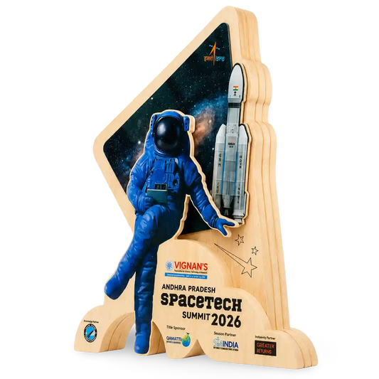 Wooden award with astronaut and rocket design, featuring Vignan's and Andhra Pradesh Spacetech Summit 2026 branding.