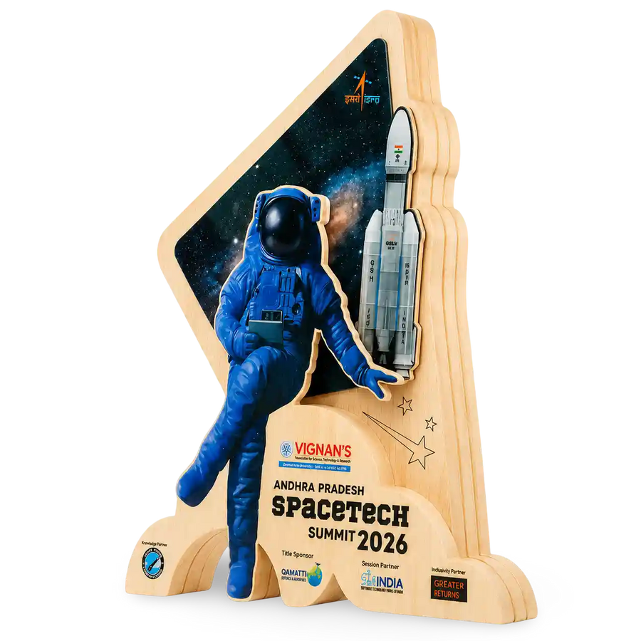 Wooden award with astronaut and rocket design, featuring Vignan's and Andhra Pradesh Spacetech Summit 2026 branding.