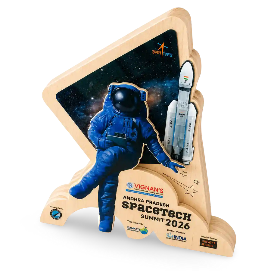 Decorative item with an astronaut and space shuttle design, featuring branding for Andhra Pradesh Spacetech Summit 2026.