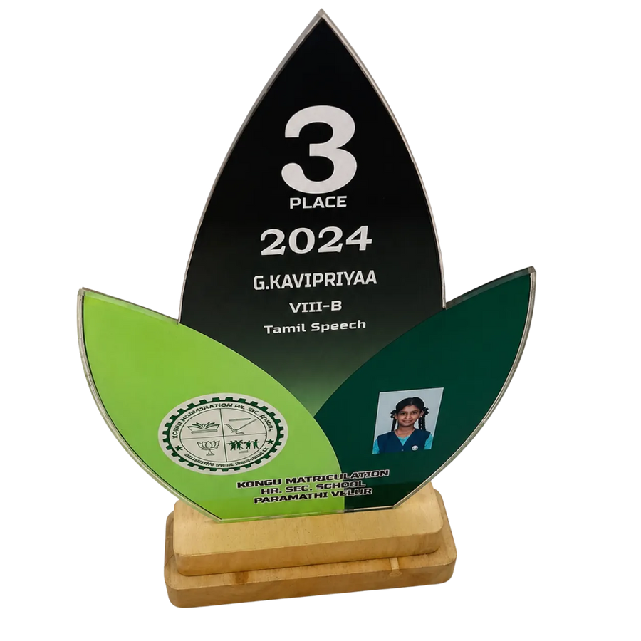 Trophy with green and black design, featuring '3 Place 2024' and a photo of a person on a white background.