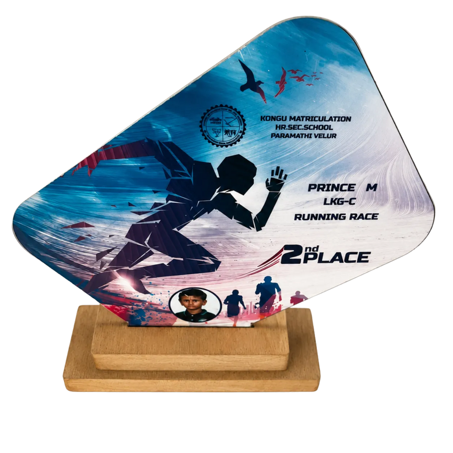Running silhouette trophy with blue-and-red design on a wooden base