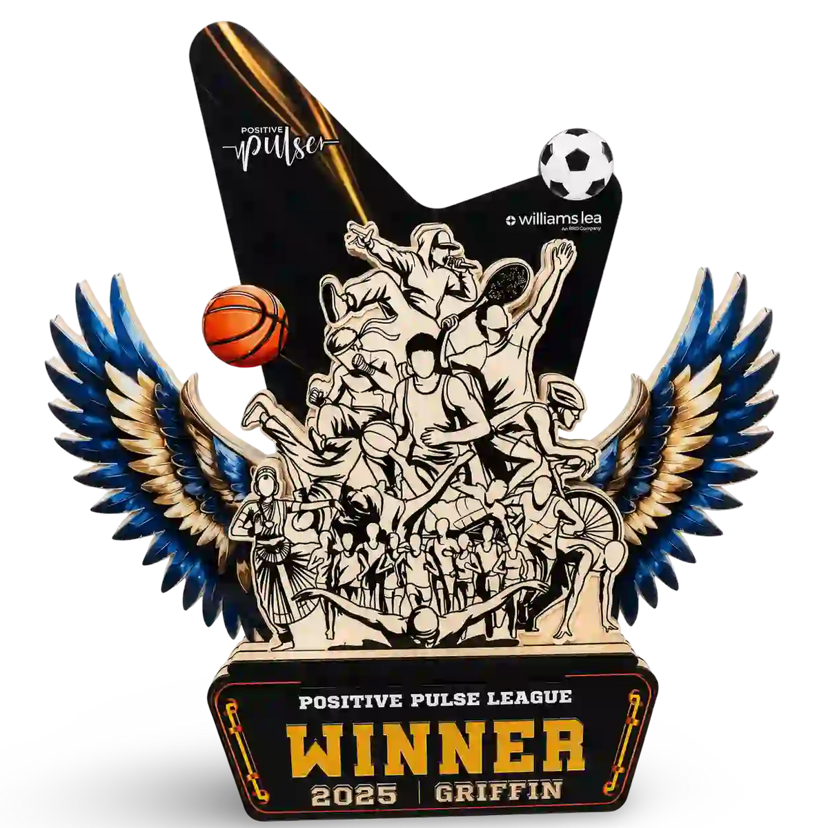 Black-and-gold star-shaped sports trophy plaque with layered display base