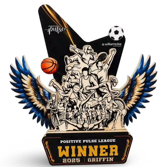 Black-and-gold star-shaped sports trophy plaque with layered display base