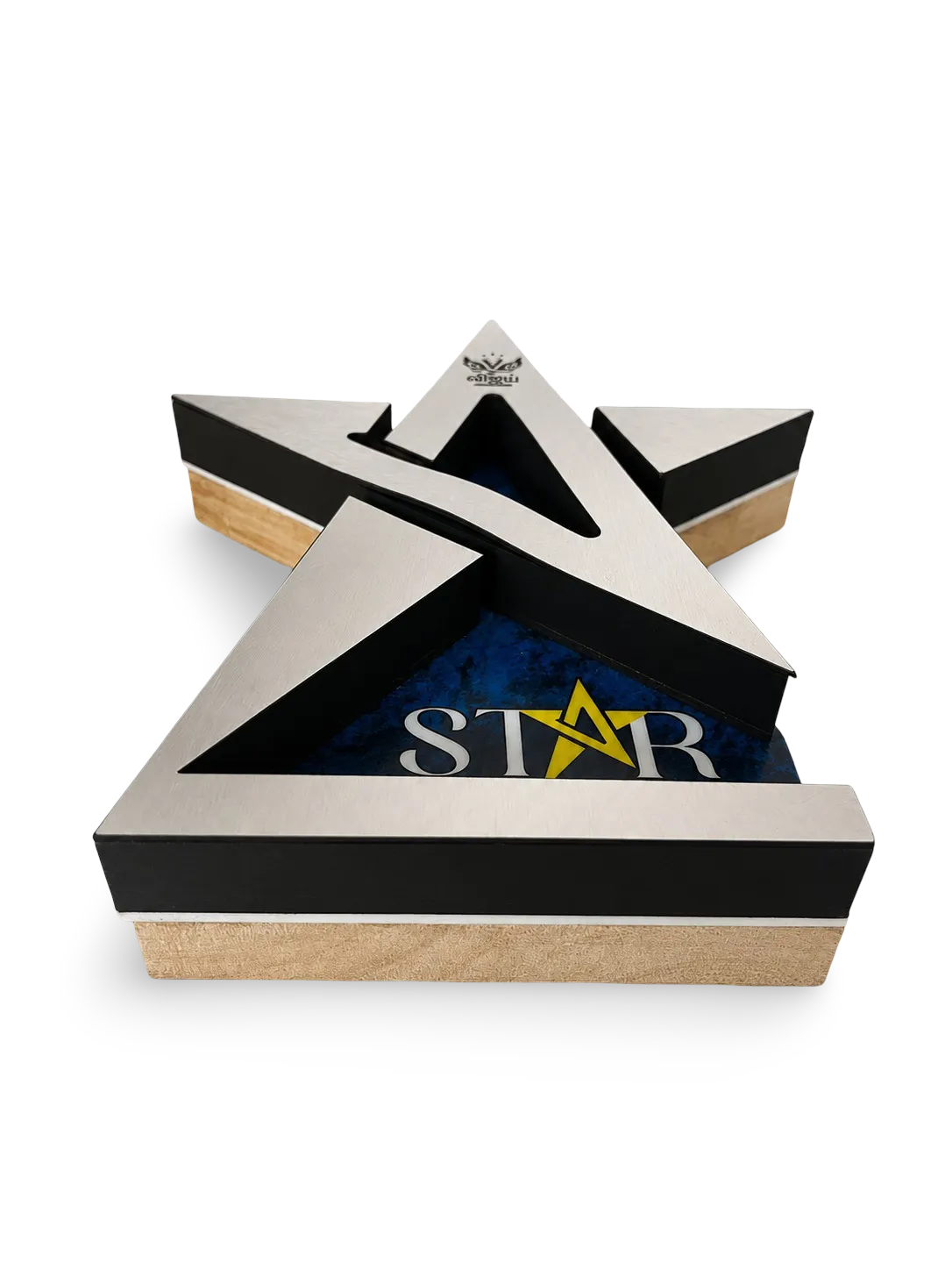 Star-shaped award presentation box with blue interior