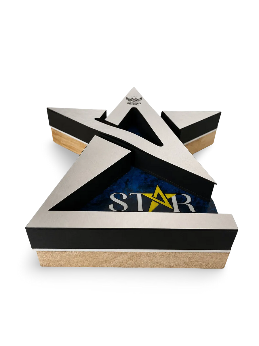 Star-shaped award presentation box with blue interior