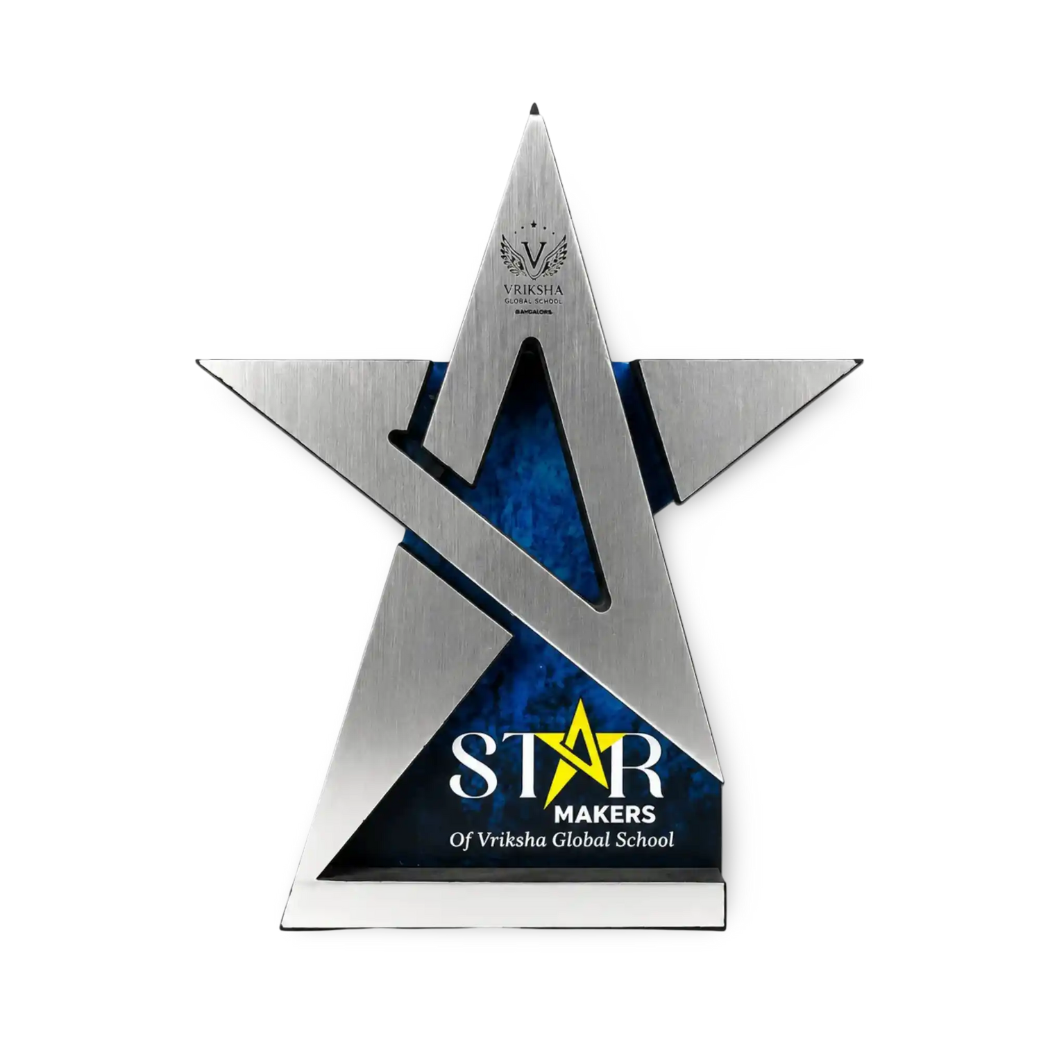 Personalised star achiever trophy with Star Makers school branding, front view