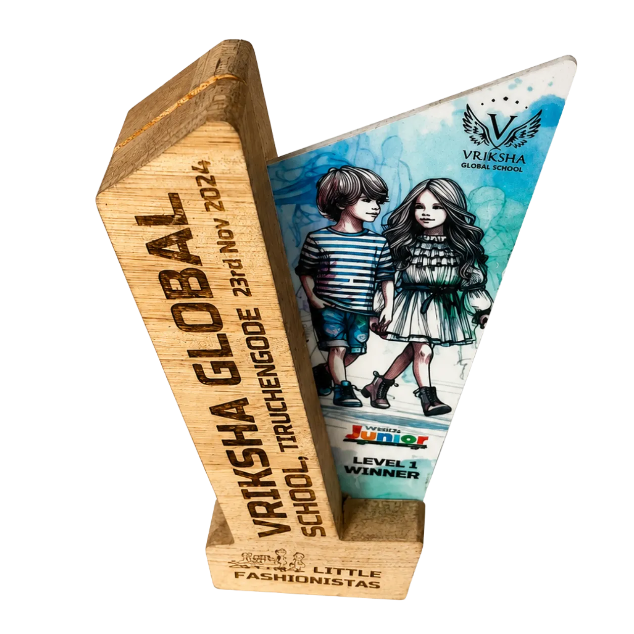 Wooden award with a design of two children and text on a white background