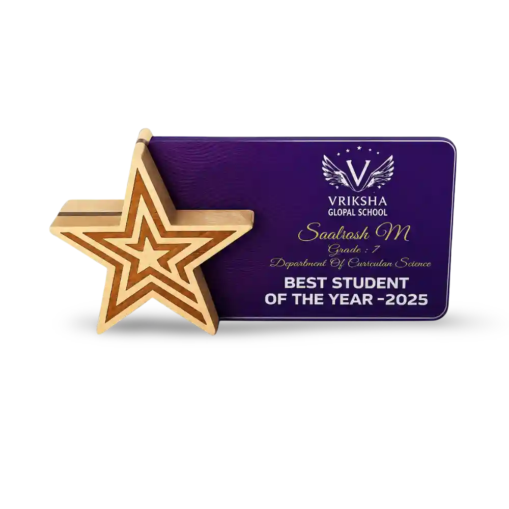 Student leadership star award with Vriksha Global School certificate, front view
