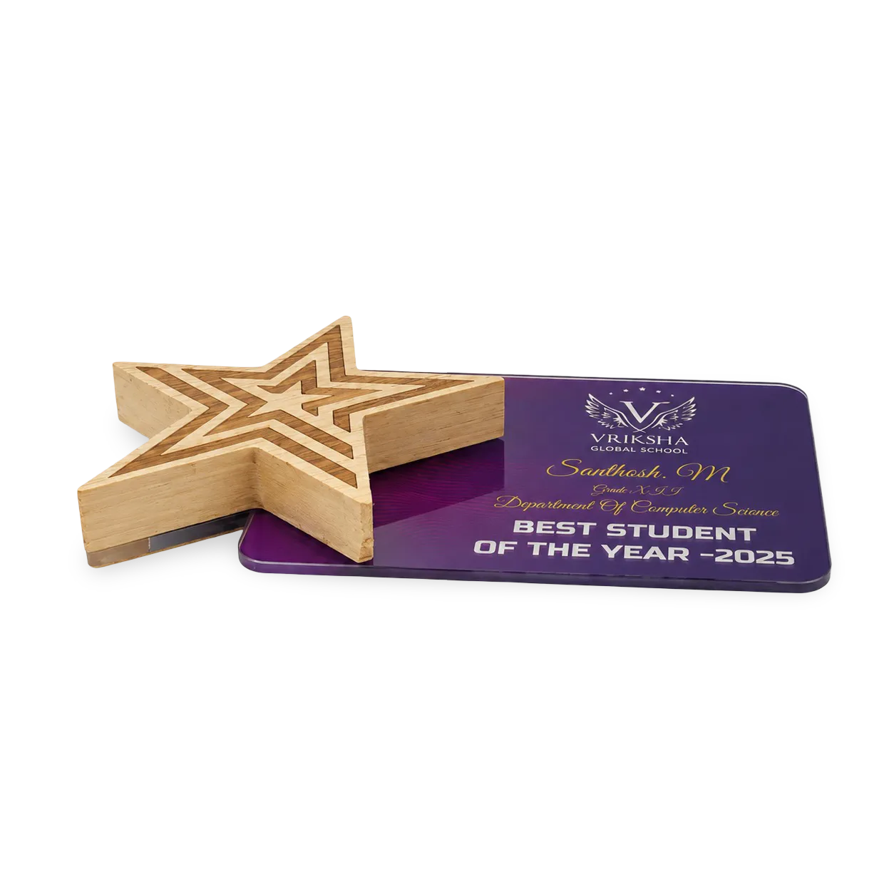 Wooden student leadership award on a purple base