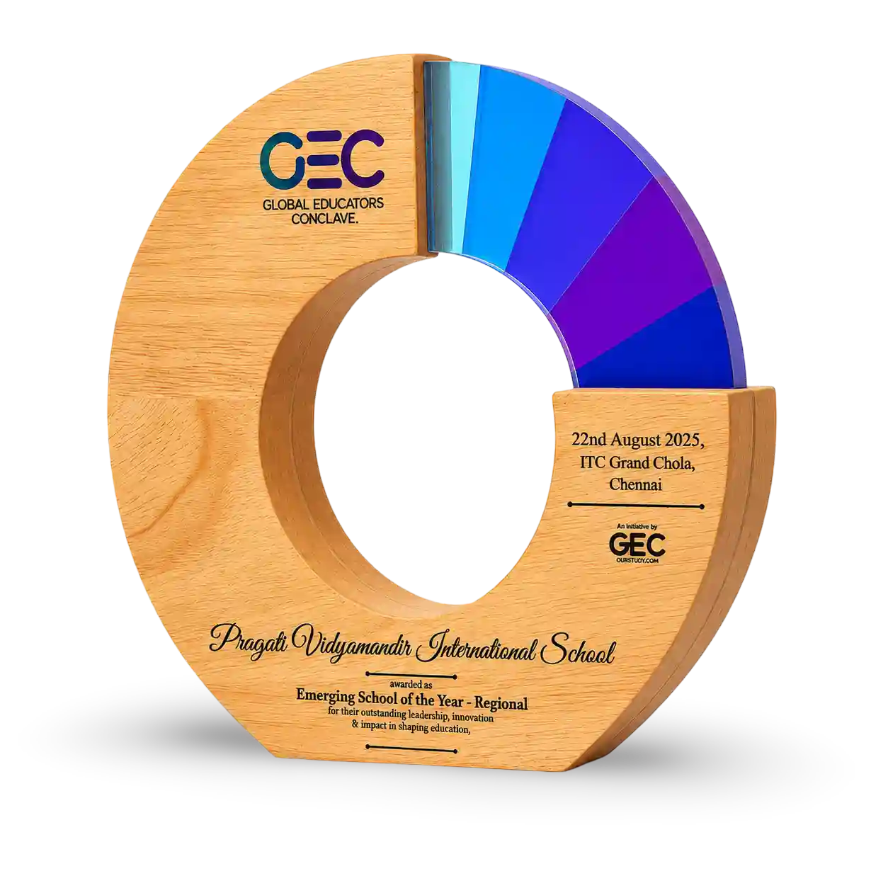 Wooden award with color wheel and text on a white background
