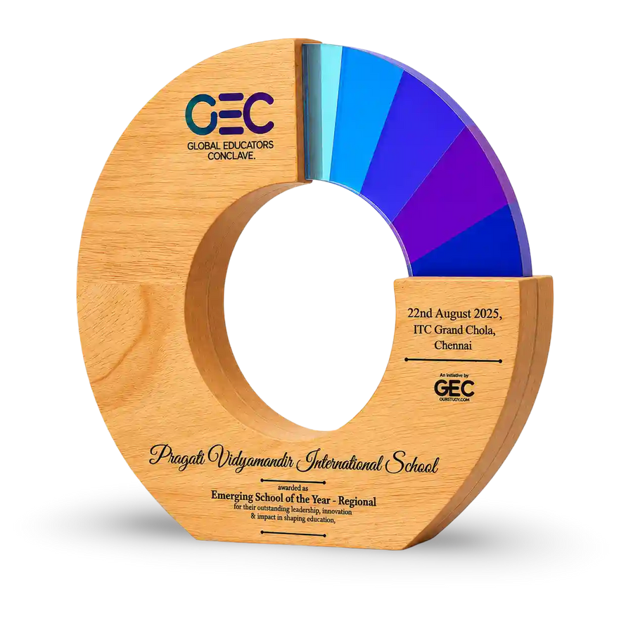 Wooden award with color wheel and text on a white background