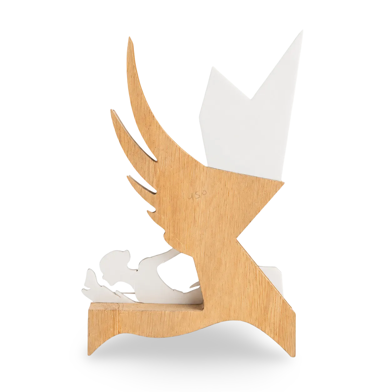 Wooden bird sculpture with white figure on a display base