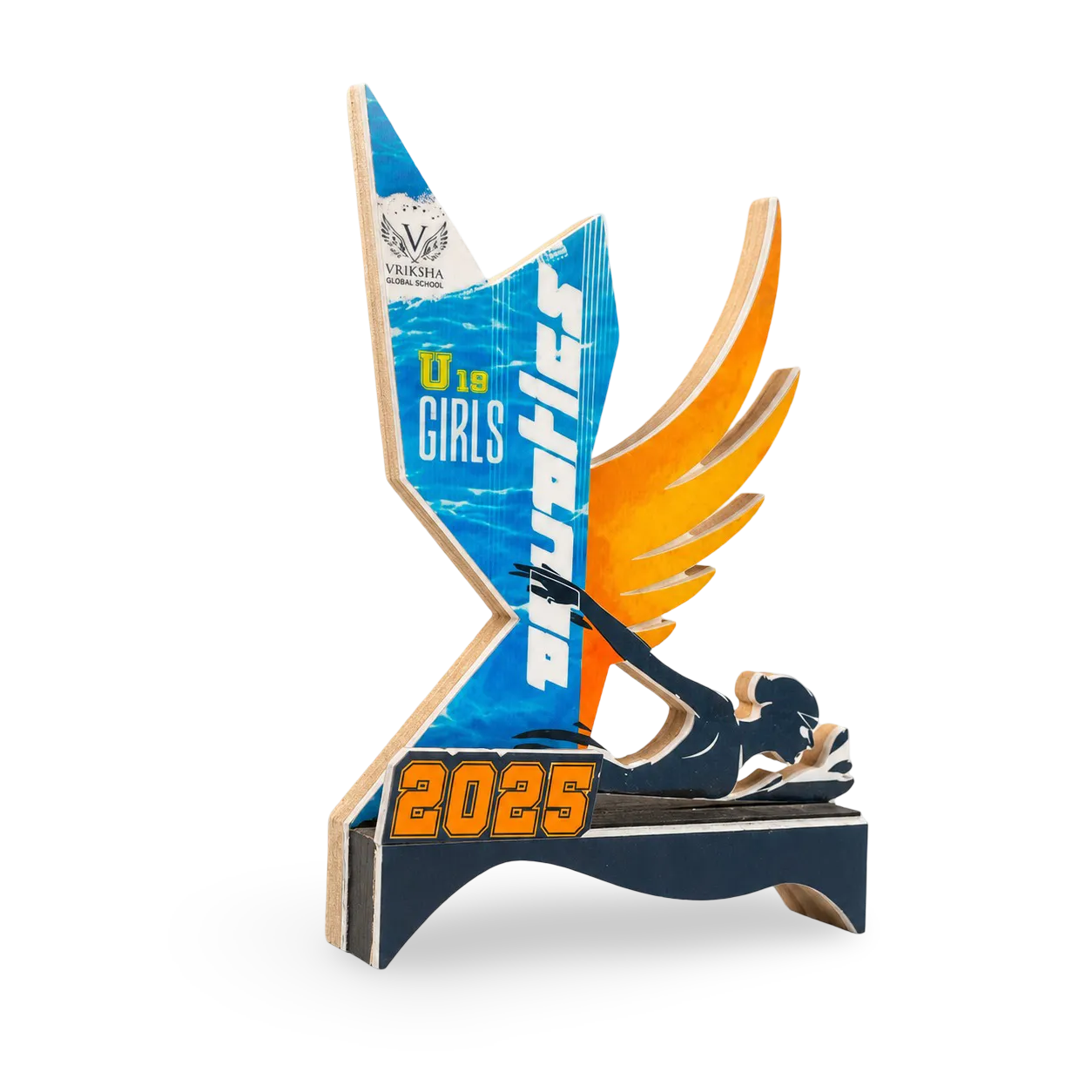 Blue, orange and white girls-event trophy on a white background