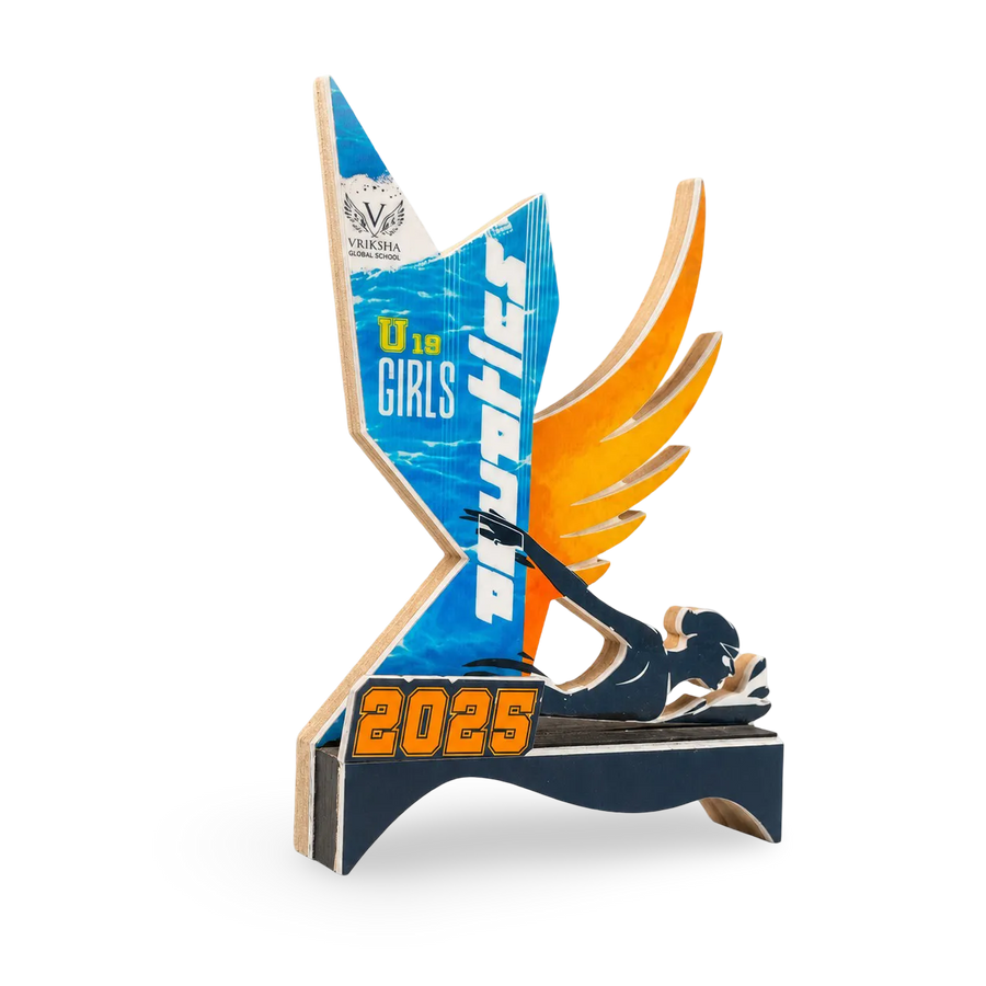 Blue, orange and white girls-event trophy on a white background