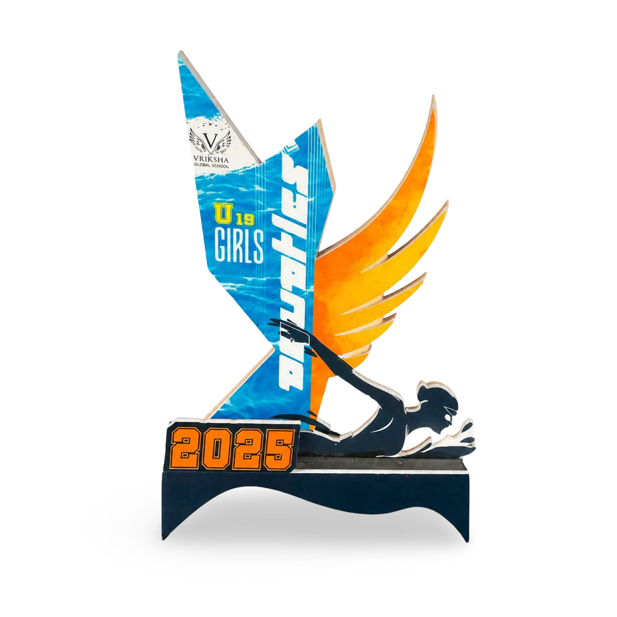 Girls athletics 2025 trophy with blue and orange design