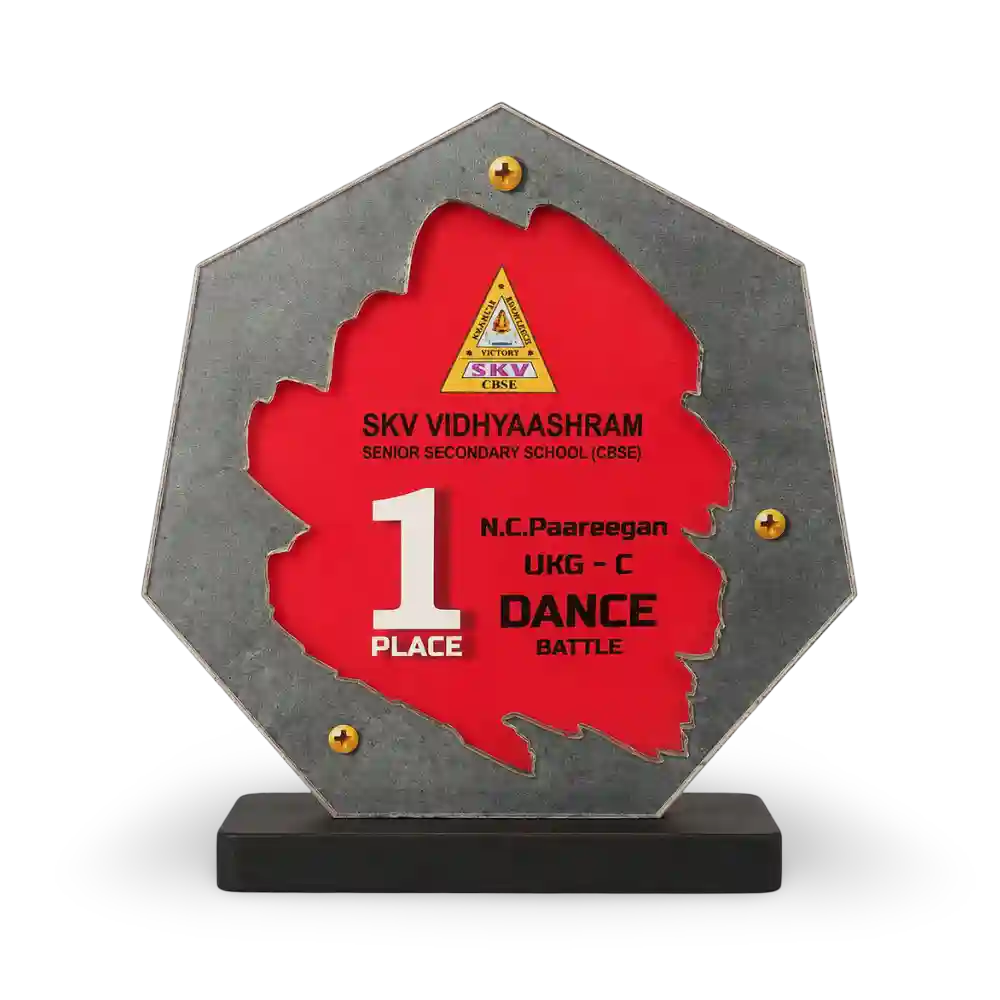 Hexagonal school recognition plaque with Tamil Nadu cutout and red centre on a black base