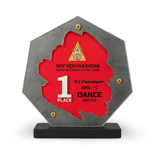 Hexagonal school recognition plaque with Tamil Nadu cutout and red centre on a black base