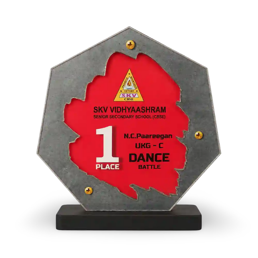 Hexagonal school recognition plaque with Tamil Nadu cutout and red centre on a black base