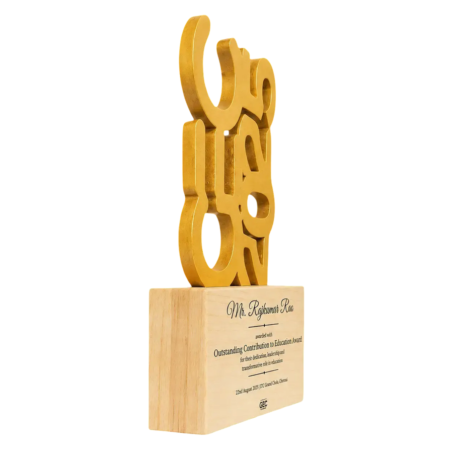 Premium engraved wooden memento trophy Tamil script design for teacher recognition EcoTrophy