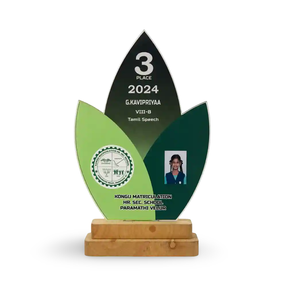 Tamil speech competition trophy with acrylic design and wooden base