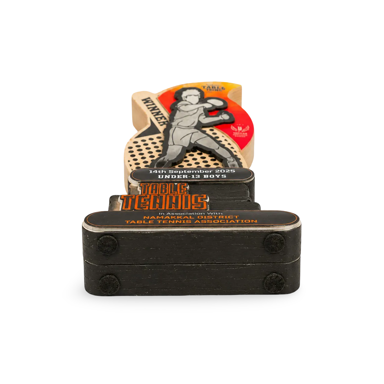 Vintage-style table-tennis trophy with black base and wooden top