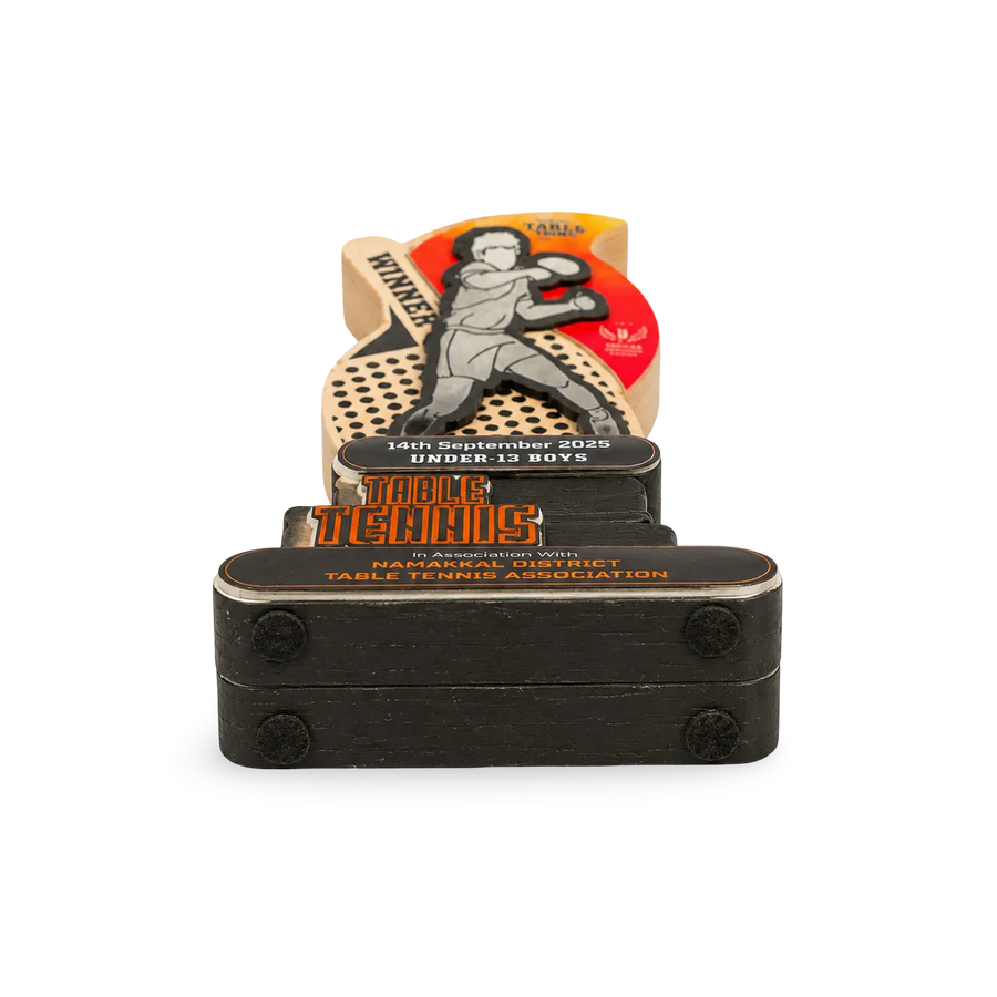 Vintage-style table-tennis trophy with black base and wooden top
