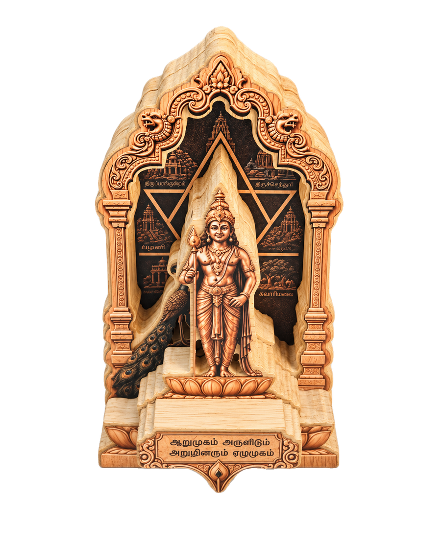 Murugan Wooden Idol with Arupadai Veedu plaque