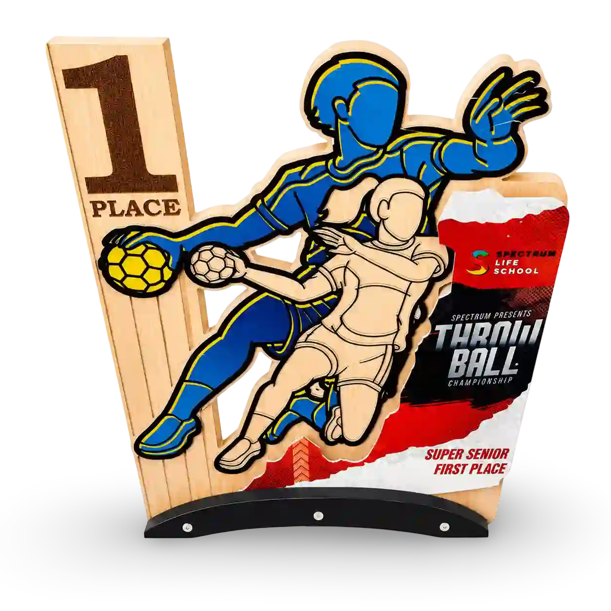 Wooden throwball championship trophy for district and state tournaments