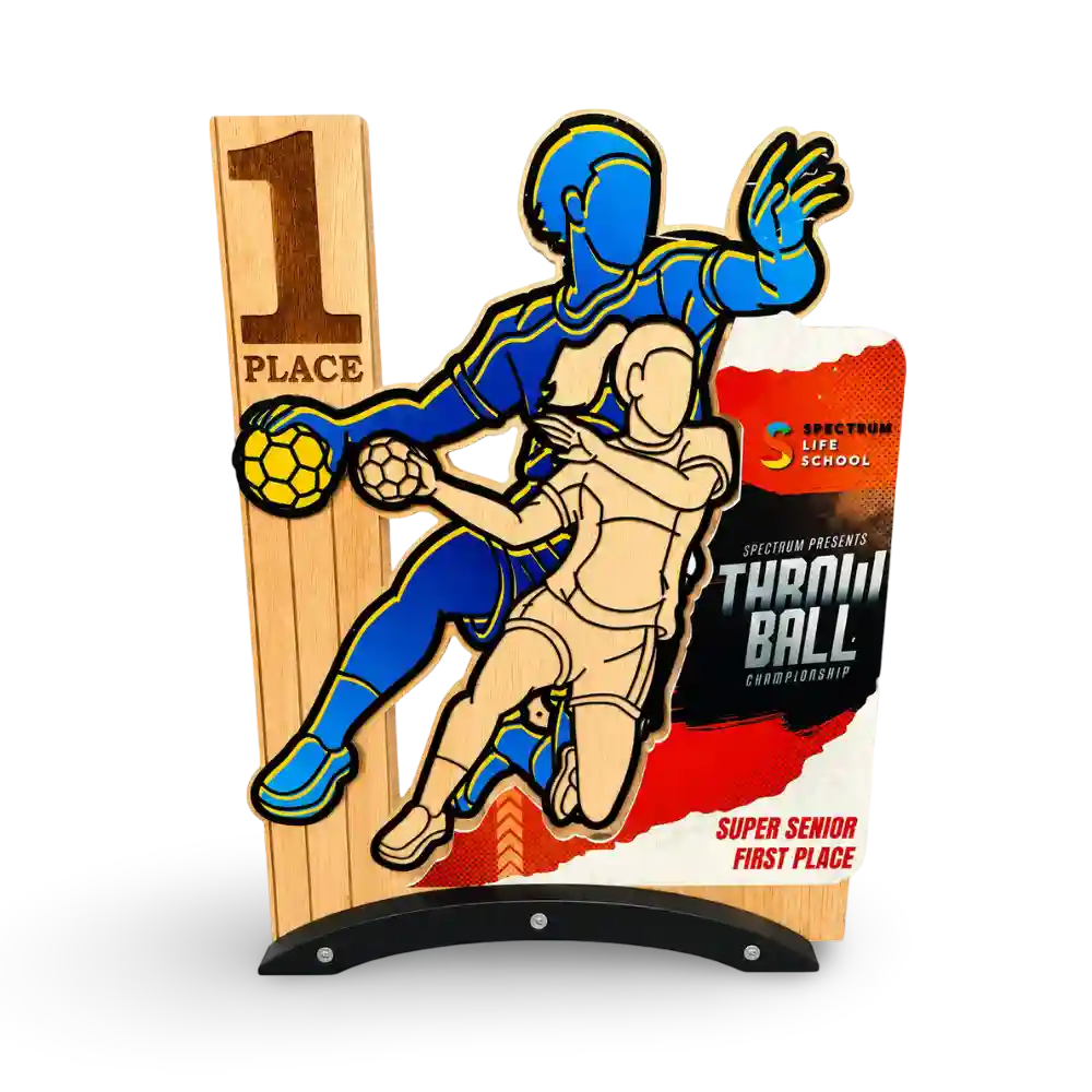 Throwball first-place trophy with personalised event details, front view