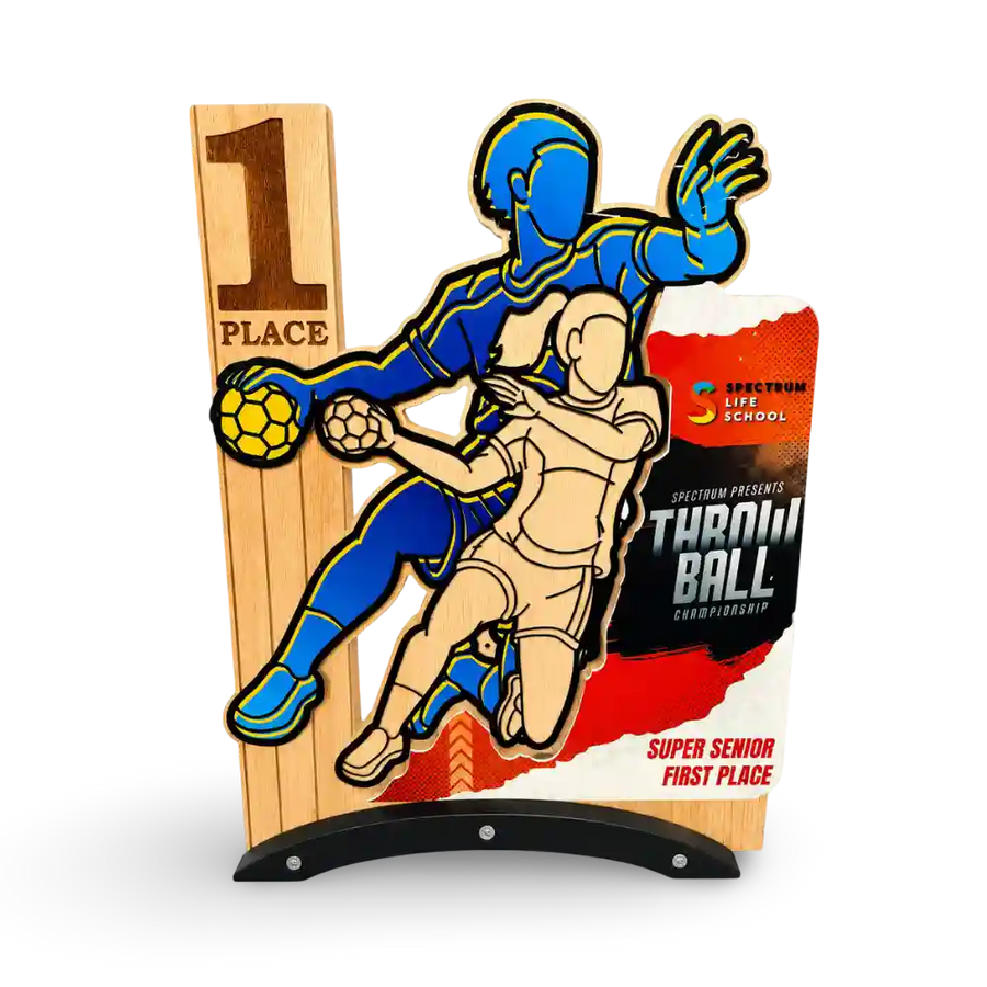 Throwball first-place trophy with personalised event details, front view