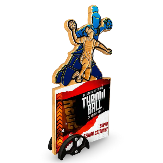 Custom engraved wood-and-acrylic throwball champion trophy